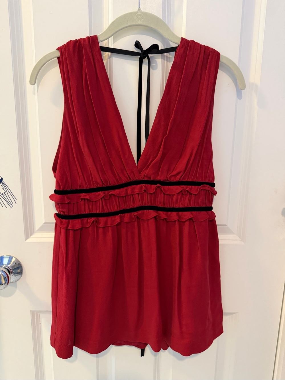Robert Rodriguez Red Sleeveless Plunging Blouse with Black Velvet Trim
